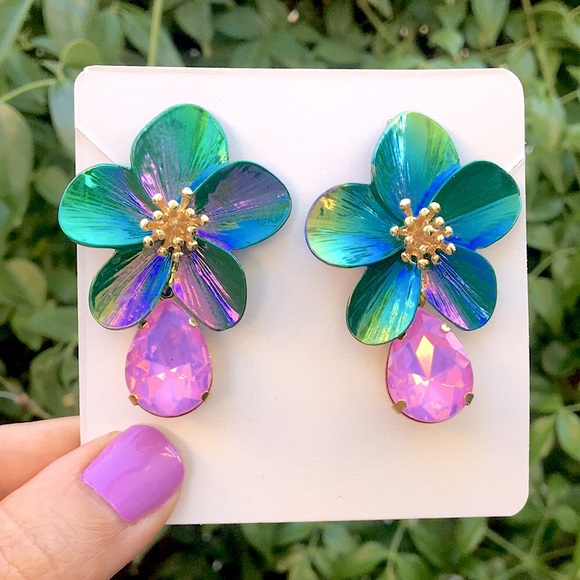Jewelry - Iridescent Emerald Green, Gold + Pink Opal AB Flower Drop Statement Earrings